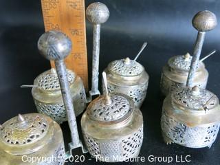 Three Middle Eastern Salt Cellars with Open Work Design, Center Handle and Spoons.  Measures approximately 4" tall including handle