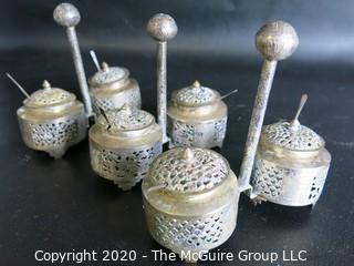 Three Middle Eastern Salt Cellars with Open Work Design, Center Handle and Spoons.  Measures approximately 4" tall including handle