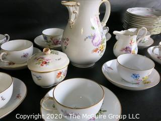 Set of Hand Painted Floral Dresden Porcelain Coffee Service including cups & saucers, demitasse cups & saucers, plates, Coffee Pot, Creamer and Sugar.  Made in Germany