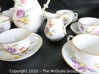 Set of Hand Painted Floral Dresden Porcelain Coffee Service including cups & saucers, demitasse cups & saucers, plates, Coffee Pot, Creamer and Sugar.  Made in Germany