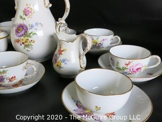 Set of Hand Painted Floral Dresden Porcelain Coffee Service including cups & saucers, demitasse cups & saucers, plates, Coffee Pot, Creamer and Sugar.  Made in Germany