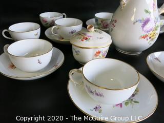 Set of Hand Painted Floral Dresden Porcelain Coffee Service including cups & saucers, demitasse cups & saucers, plates, Coffee Pot, Creamer and Sugar.  Made in Germany