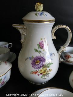 Set of Hand Painted Floral Dresden Porcelain Coffee Service including cups & saucers, demitasse cups & saucers, plates, Coffee Pot, Creamer and Sugar.  Made in Germany