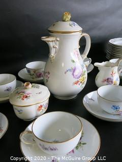 Set of Hand Painted Floral Dresden Porcelain Coffee Service including cups & saucers, demitasse cups & saucers, plates, Coffee Pot, Creamer and Sugar.  Made in Germany