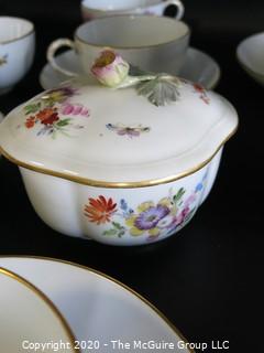 Set of Hand Painted Floral Dresden Porcelain Coffee Service including cups & saucers, demitasse cups & saucers, plates, Coffee Pot, Creamer and Sugar.  Made in Germany