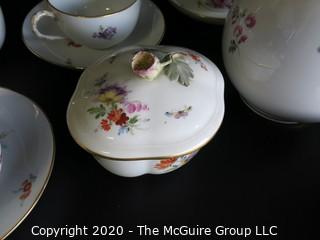 Set of Hand Painted Floral Dresden Porcelain Coffee Service including cups & saucers, demitasse cups & saucers, plates, Coffee Pot, Creamer and Sugar.  Made in Germany