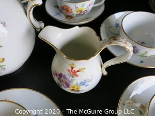 Set of Hand Painted Floral Dresden Porcelain Coffee Service including cups & saucers, demitasse cups & saucers, plates, Coffee Pot, Creamer and Sugar.  Made in Germany