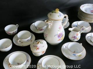 Set of Hand Painted Floral Dresden Porcelain Coffee Service including cups & saucers, demitasse cups & saucers, plates, Coffee Pot, Creamer and Sugar.  Made in Germany