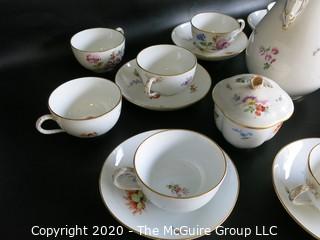 Set of Hand Painted Floral Dresden Porcelain Coffee Service including cups & saucers, demitasse cups & saucers, plates, Coffee Pot, Creamer and Sugar.  Made in Germany