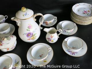 Set of Hand Painted Floral Dresden Porcelain Coffee Service including cups & saucers, demitasse cups & saucers, plates, Coffee Pot, Creamer and Sugar.  Made in Germany