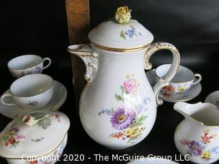 Set of Hand Painted Floral Dresden Porcelain Coffee Service including cups & saucers, demitasse cups & saucers, plates, Coffee Pot, Creamer and Sugar.  Made in Germany