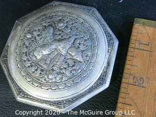 Pair of two matching Asian Silver Plate Boxes with Hinged Lids. Measures approximately 3" in diameter