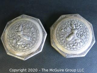 Pair of two matching Asian Silver Plate Boxes with Hinged Lids. Measures approximately 3" in diameter