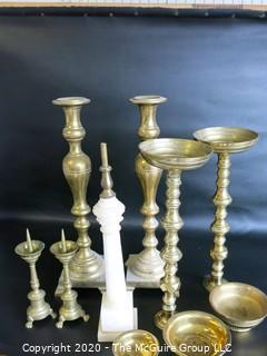 Group of Assorted Brass Candlesticks, Bowls and one Alabaster Candle Stick