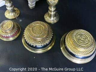 Group of Assorted Brass Candlesticks, Bowls and one Alabaster Candle Stick