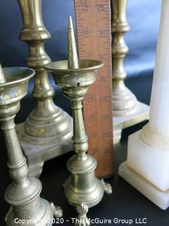 Group of Assorted Brass Candlesticks, Bowls and one Alabaster Candle Stick