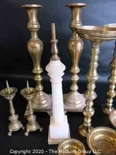 Group of Assorted Brass Candlesticks, Bowls and one Alabaster Candle Stick