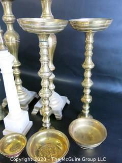 Group of Assorted Brass Candlesticks, Bowls and one Alabaster Candle Stick