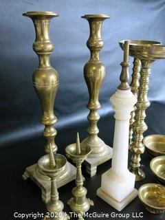 Group of Assorted Brass Candlesticks, Bowls and one Alabaster Candle Stick