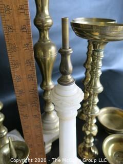 Group of Assorted Brass Candlesticks, Bowls and one Alabaster Candle Stick