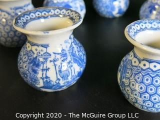 Group of 7 Asian Small Porcelain Ceramic Blue and White Pots with Mark