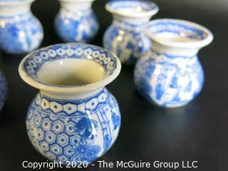 Group of 7 Asian Small Porcelain Ceramic Blue and White Pots with Mark