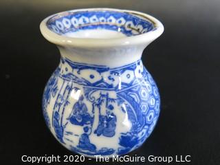 Group of 7 Asian Small Porcelain Ceramic Blue and White Pots with Mark