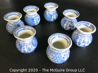 Group of 7 Asian Small Porcelain Ceramic Blue and White Pots with Mark