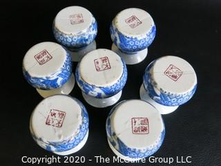 Group of 7 Asian Small Porcelain Ceramic Blue and White Pots with Mark