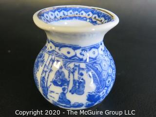 Group of 7 Asian Small Porcelain Ceramic Blue and White Pots with Mark