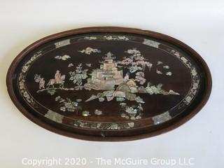 Asian Hand Carved Wooden Tray with Inlaid Mother of Pearl Decoration.  Measures approximately 23 1/2" x 14 1/2"