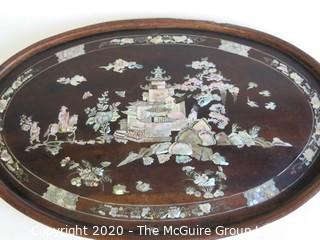 Asian Hand Carved Wooden Tray with Inlaid Mother of Pearl Decoration.  Measures approximately 23 1/2" x 14 1/2"