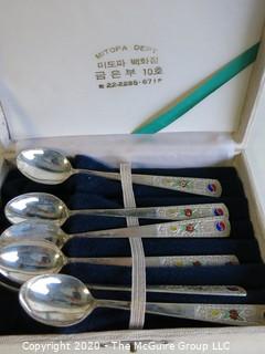 Set of 6 Silver and Enamel Japanese Export Spoons in Presentation box, Mitopa Dept