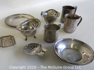 Group of Nine Sterling Silver Serving Pieces including Three Baby Cups. Weighs a total of approximately 400 grams. 