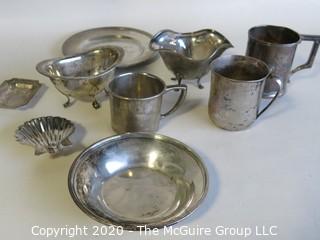 Group of Nine Sterling Silver Serving Pieces including Three Baby Cups. Weighs a total of approximately 400 grams. 