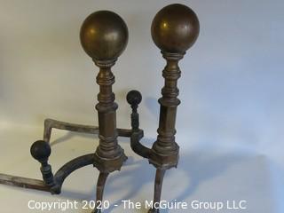 Pair of Heavy Brass Cannonball Fireplace Andirons.  Approximately 22" tall