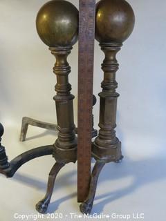 Pair of Heavy Brass Cannonball Fireplace Andirons.  Approximately 22" tall