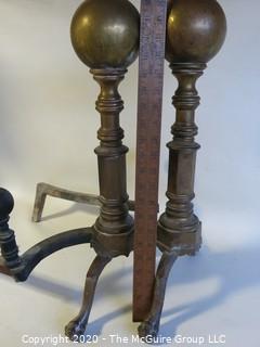 Pair of Heavy Brass Cannonball Fireplace Andirons.  Approximately 22" tall