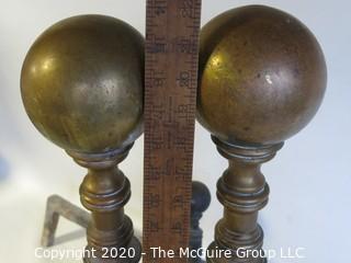 Pair of Heavy Brass Cannonball Fireplace Andirons.  Approximately 22" tall