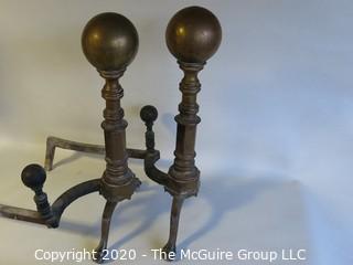 Pair of Heavy Brass Cannonball Fireplace Andirons.  Approximately 22" tall