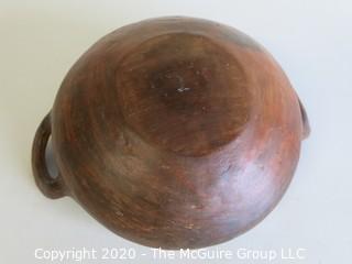 Hand Thrown Double Handle Red Clay Pottery Serving Bowl.  Measures approximately 8" in diameter including handles. Made in Peru. 