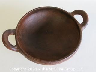 Hand Thrown Double Handle Red Clay Pottery Serving Bowl.  Measures approximately 8" in diameter including handles. Made in Peru. 