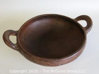 Hand Thrown Double Handle Red Clay Pottery Serving Bowl.  Measures approximately 8" in diameter including handles. Made in Peru. 