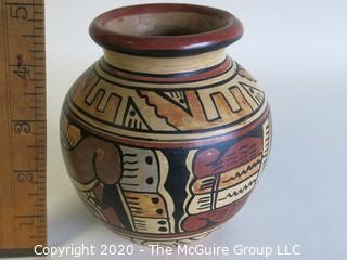 Hand Thrown and Painted Red Clay Pottery Vase, Made in Peru. Measures approximately 5" x 4"