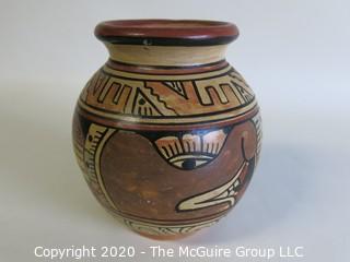 Hand Thrown and Painted Red Clay Pottery Vase, Made in Peru. Measures approximately 5" x 4"