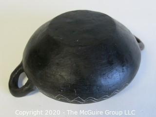 Hand Made Black Clay Bowl with Double Handles. In the style of Barro Negro Pottery of Oaxaca, Mexico. Measures approximately 6 1/2" X 3"