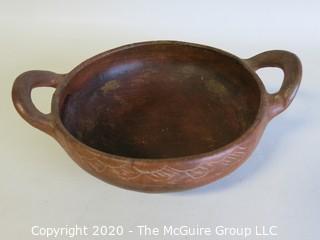 Hand Thrown and Painted Red Clay Double Handle Bowl. Made in Peru. Measures approximately 7 1/2" X 3"