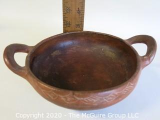 Hand Thrown and Painted Red Clay Double Handle Bowl. Made in Peru. Measures approximately 7 1/2" X 3"