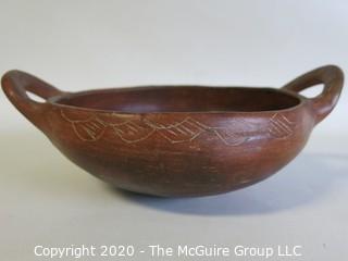 Hand Thrown and Painted Red Clay Double Handle Bowl. Made in Peru. Measures approximately 7 1/2" X 3"