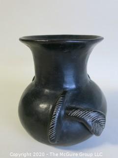 Hand Thrown Black Clay Vase with Applied Decoration. As Is. In the style of Barro Negro Pottery of Oaxaca, Mexico. Approximately 5" X 4"